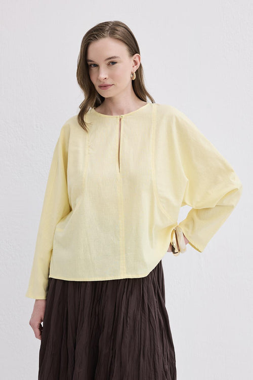 Açık Hakim Yaka Keten Gömlek Limon Sarısı