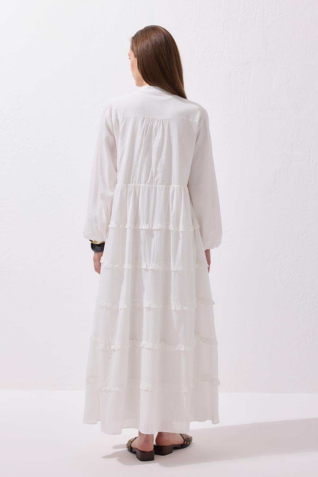 Azur Vual Katlı Uzun Elbise Ekru