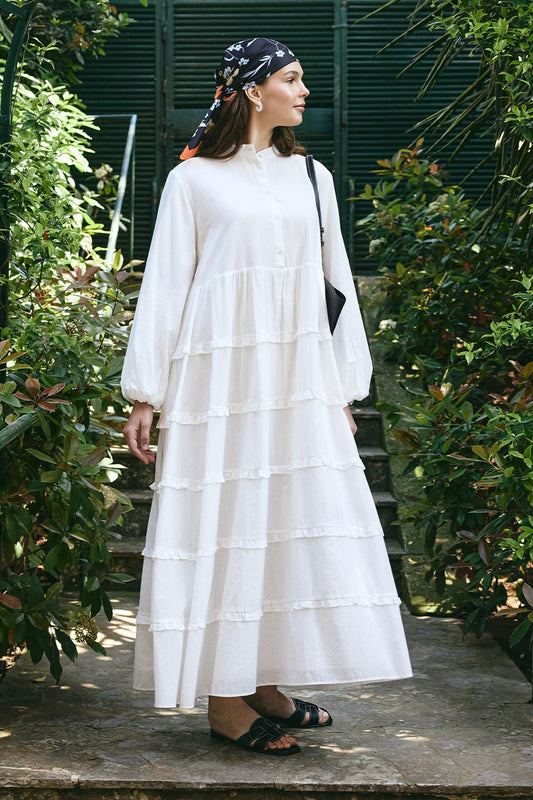 Azur Vual Katlı Uzun Elbise Ekru