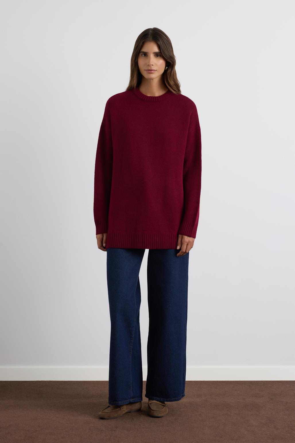 Bisiklet Yaka Basic Triko Kazak Bordo