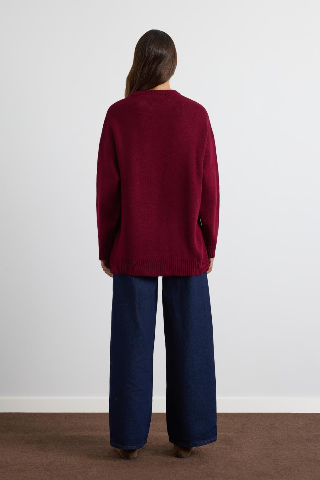 Bisiklet Yaka Basic Triko Kazak Bordo