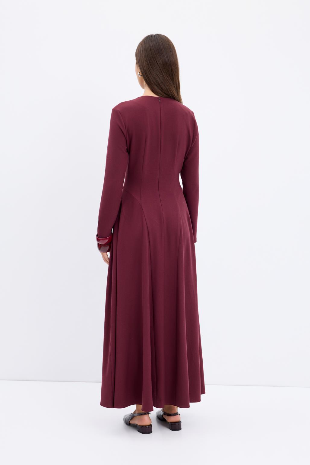 Bisiklet Yaka Parçalı Uzun Elbise Bordo