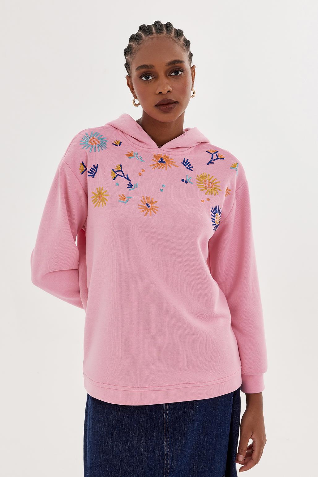 Çiçek Nakışlı Sweatshirt Pembe