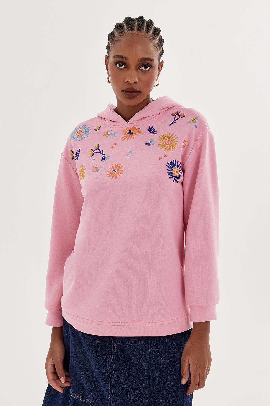 Çiçek Nakışlı Sweatshirt Pembe