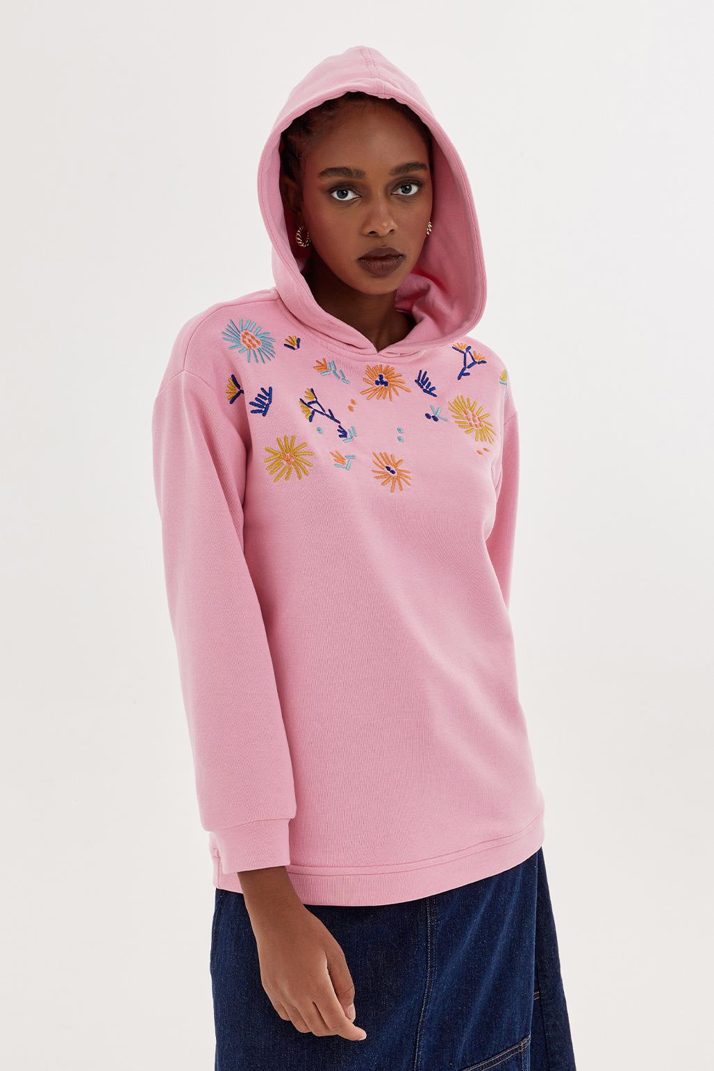 Çiçek Nakışlı Sweatshirt Pembe
