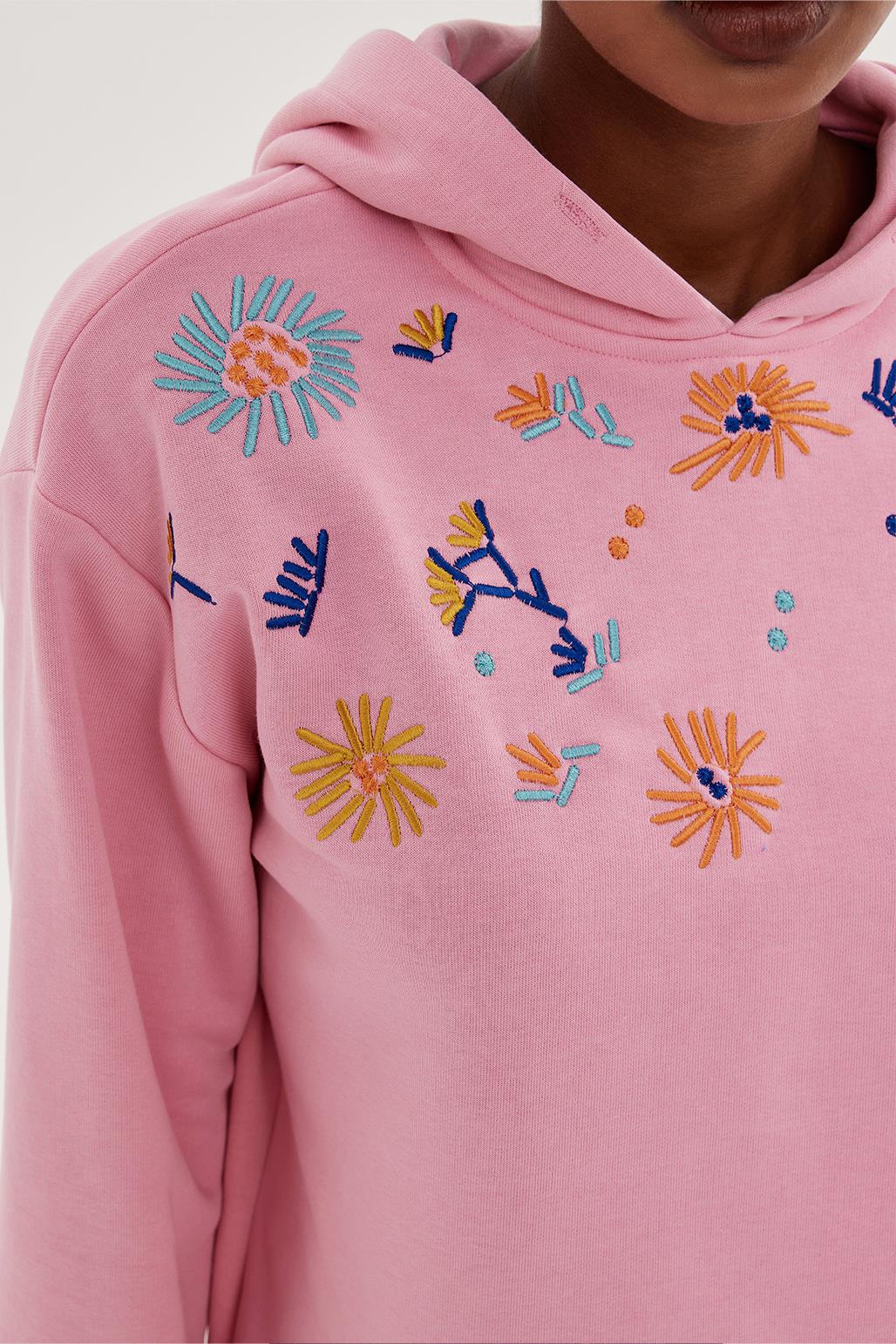 Çiçek Nakışlı Sweatshirt Pembe