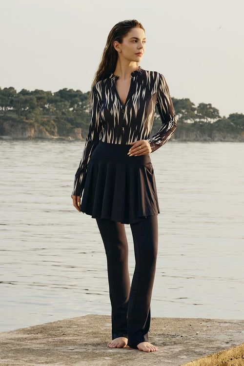 Desenli Uzun Kollu Yüzücü Mayo Siyah