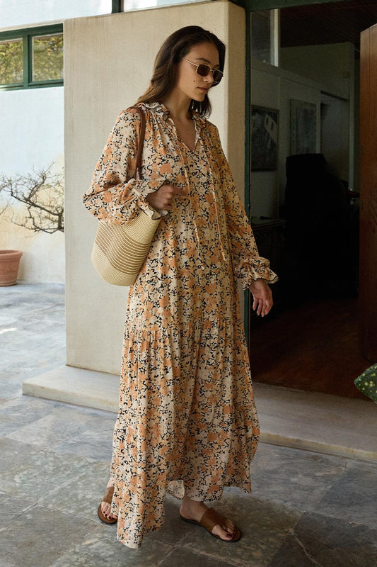 Viskon Fırfırlı Uzun Elbise Soft Oranj Desenli