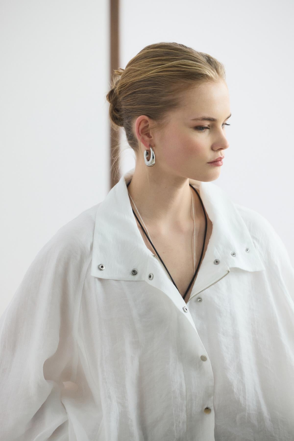 Dik Yaka Büzgülü Bomber Ceket Ekru