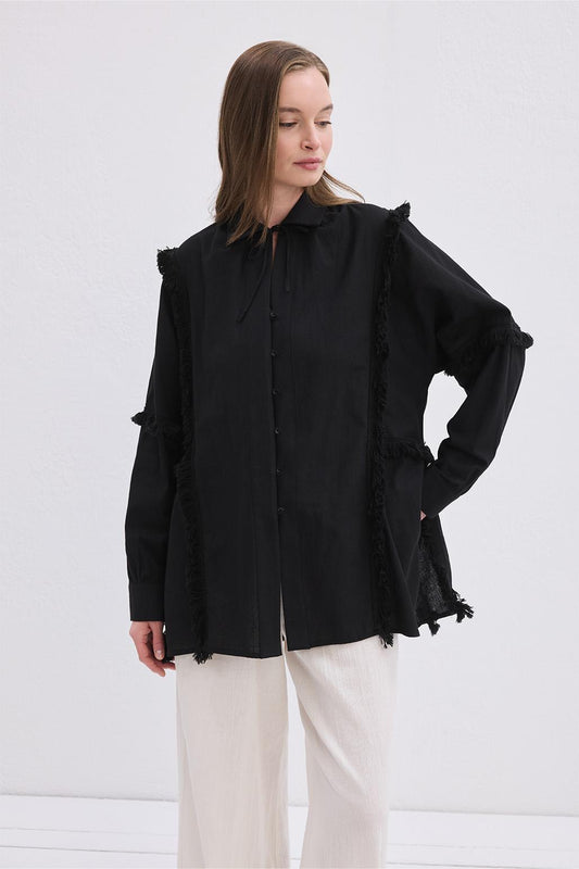 Doria Püsküllü Keten Gömlek Siyah