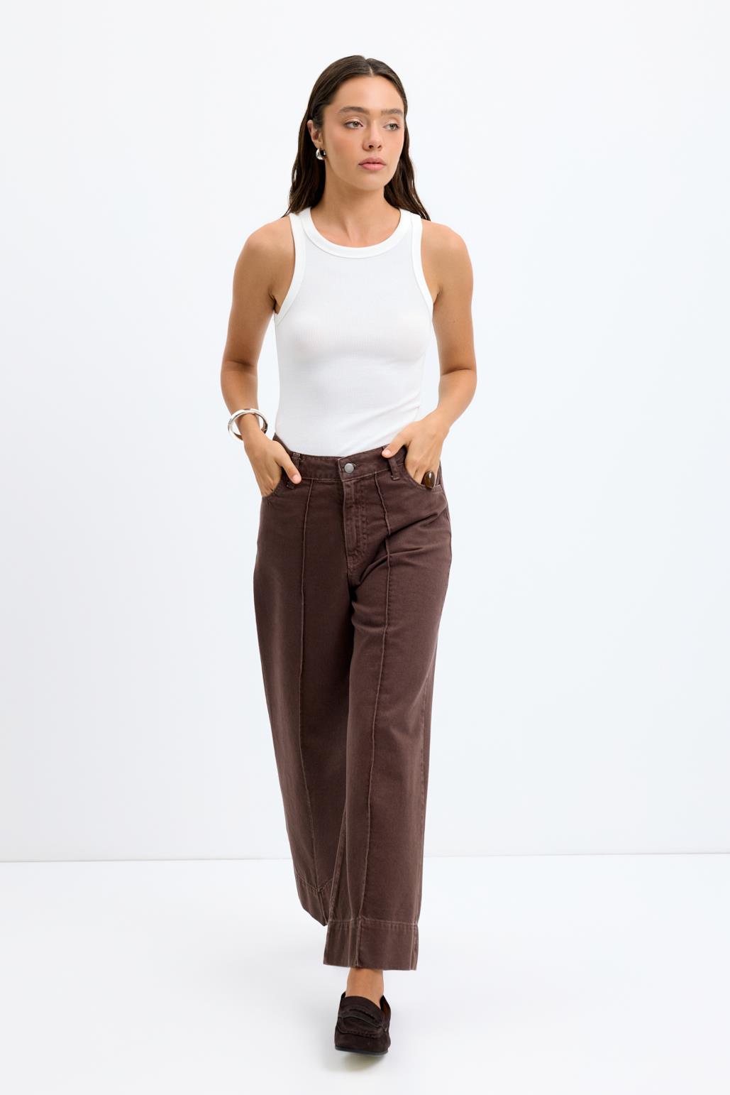 Double Paça Gabardin Pantolon Kahve