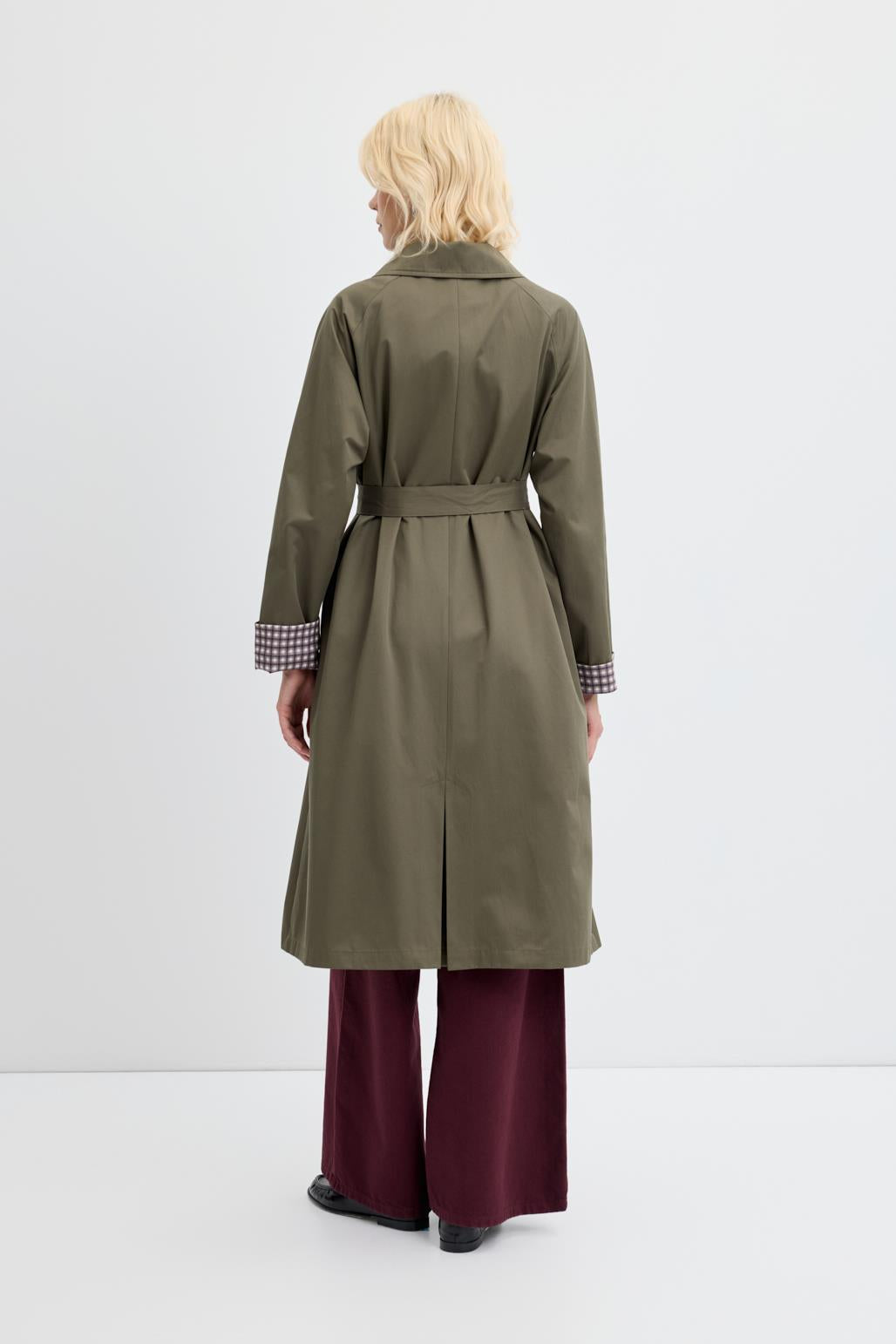 Ekose Astarlı Kemerli Uzun Trençkot Haki