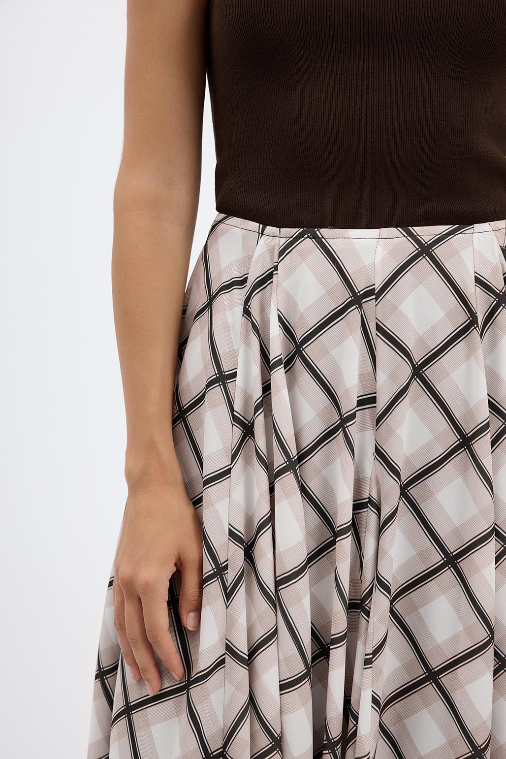 Ekose Desenli Uzun Kloş Etek Vizon