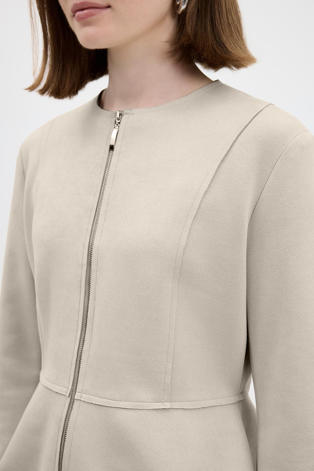 Fermuarlı Bisiklet Yaka Kısa Süet Ceket Bej