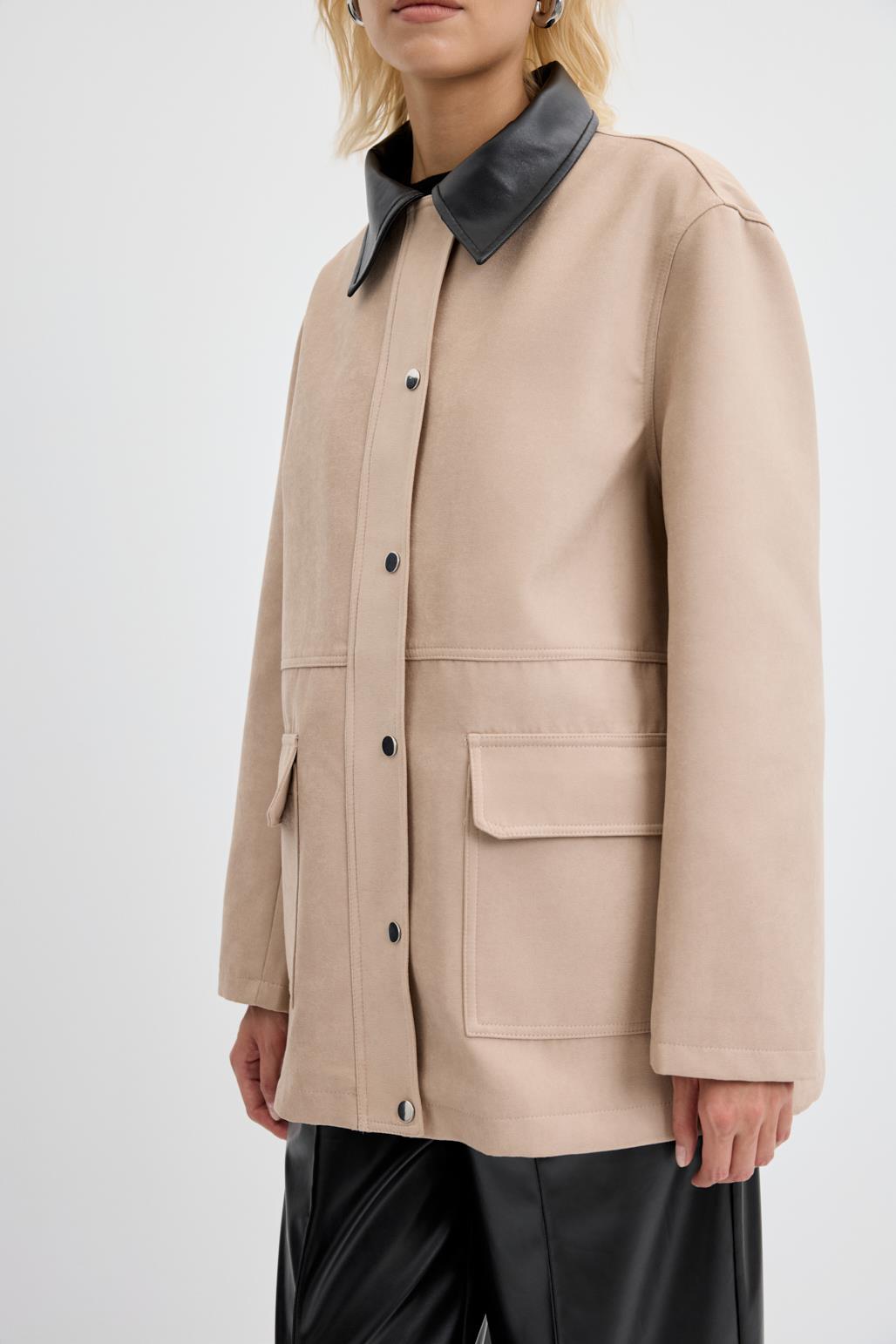 Fermuarlı Cepli Deri Yakalı Süet Ceket Vizon