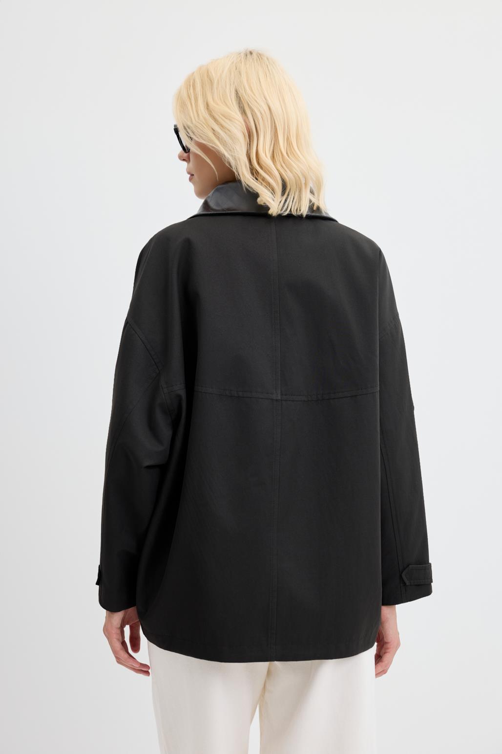 Fermuarlı Deri Yakalı Ceket Siyah