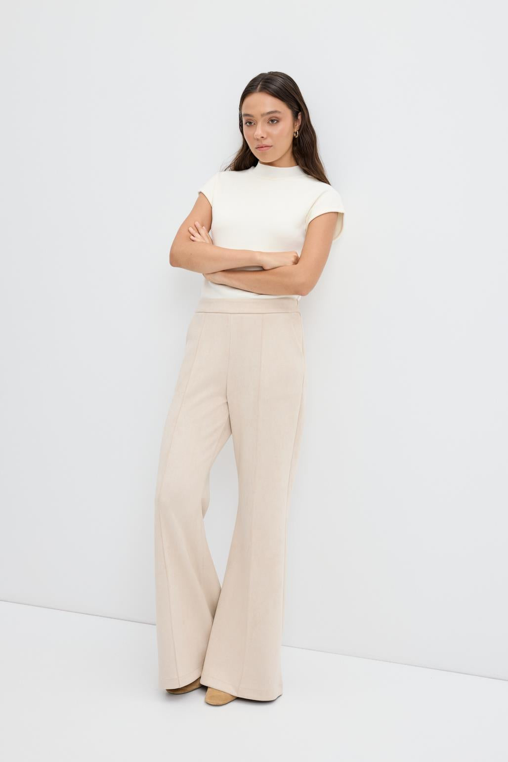 Fit Kesim Nervür Dikişli Süet Pantolon Bej