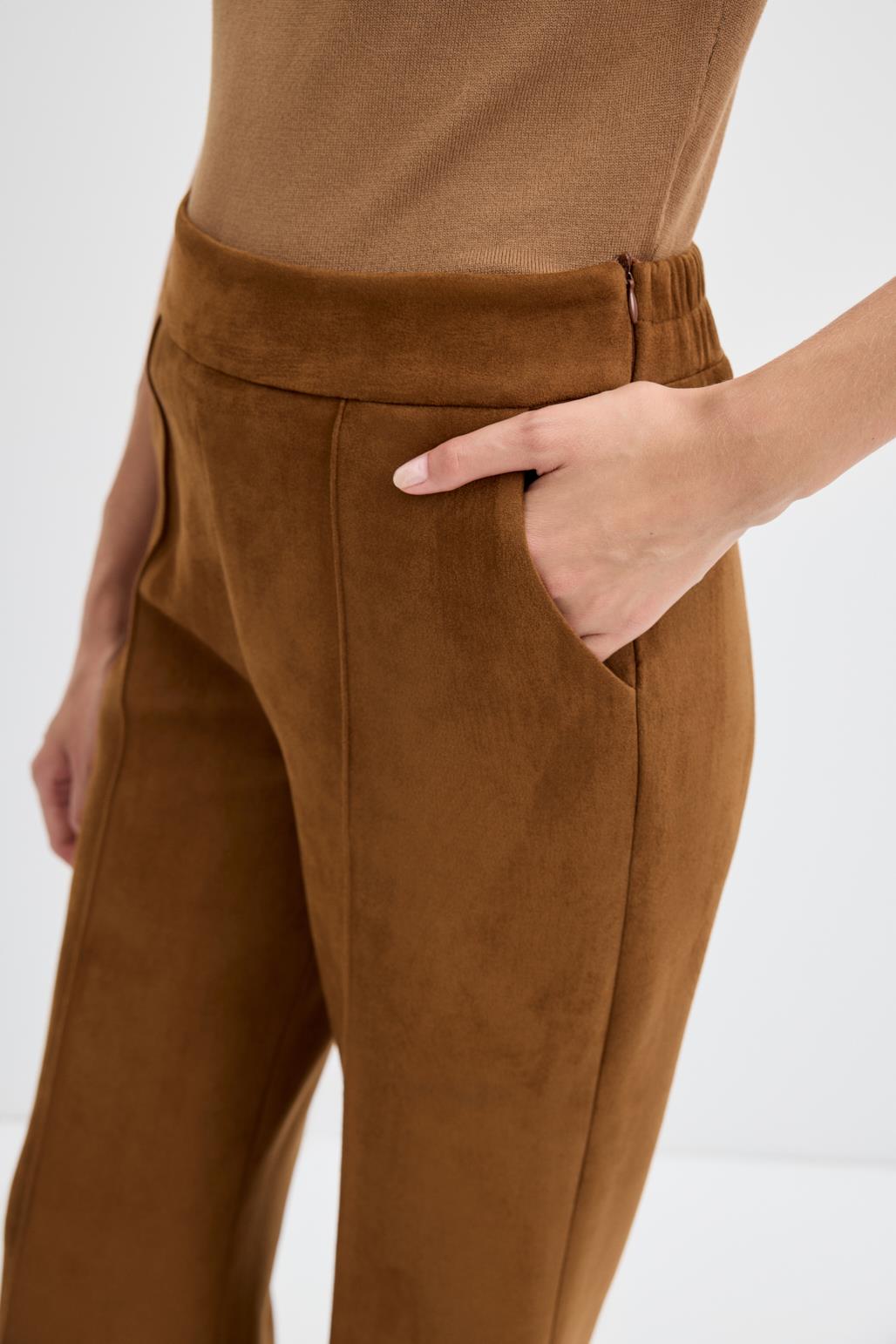 Fit Kesim Nervür Dikişli Süet Pantolon Taba