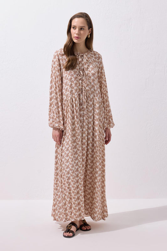 Fleur Viskon Bağlamalı Uzun Elbise Kahve