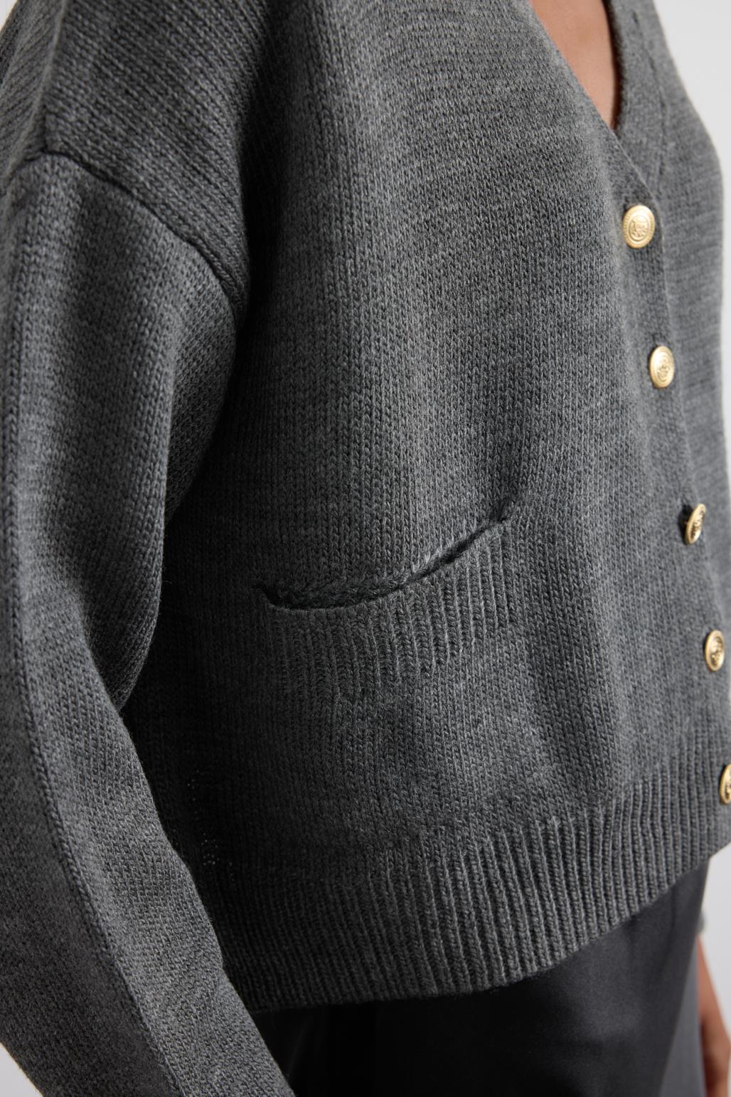 Gold Düğmeli Triko Hırka Antrasit