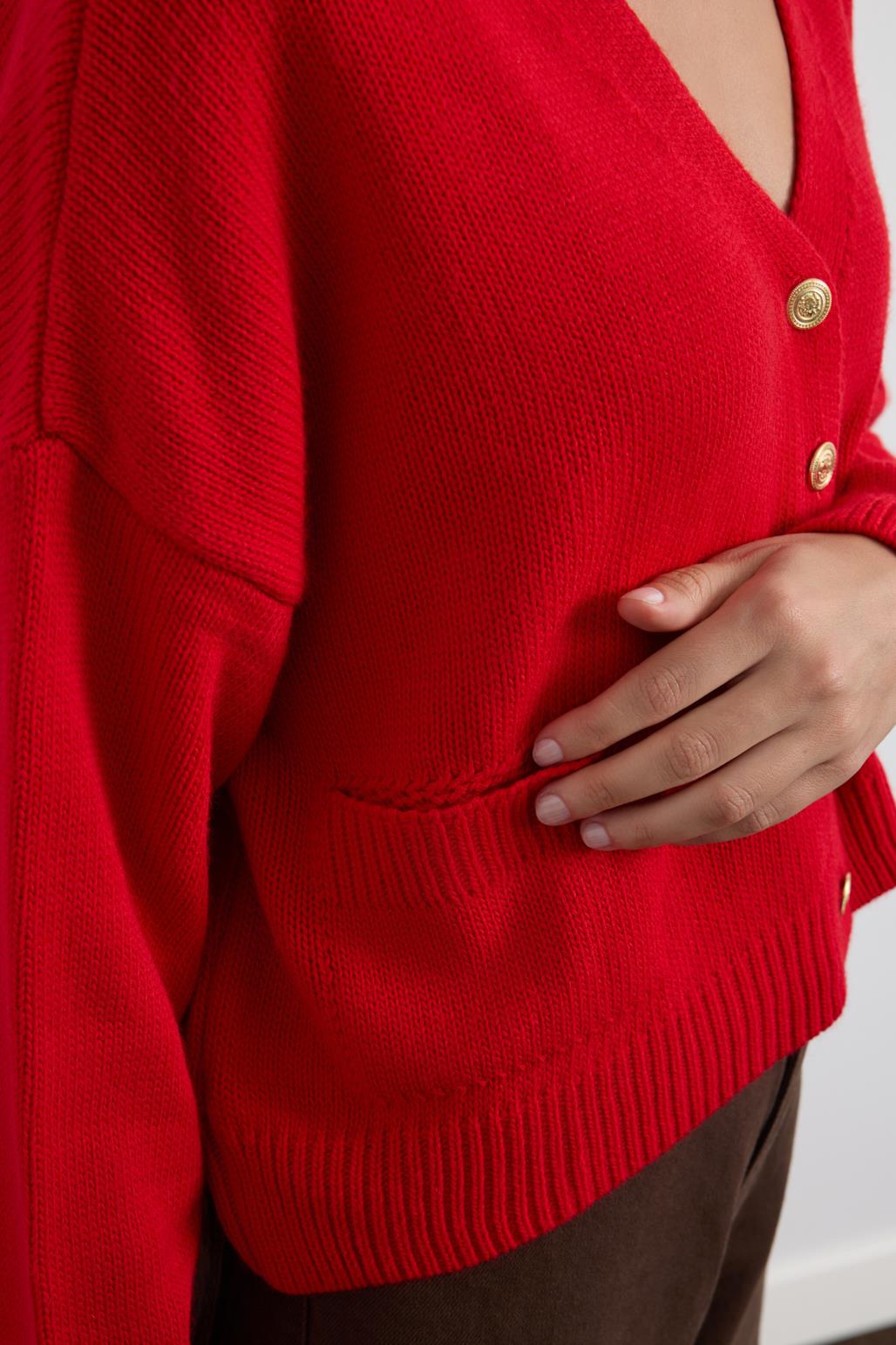 Gold Düğmeli Triko Hırka Kırmızı