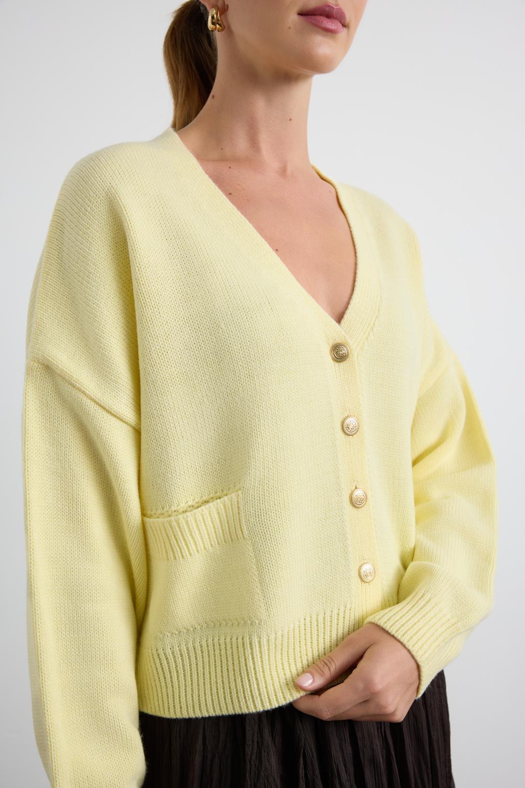 Gold Düğmeli Triko Hırka Sarı