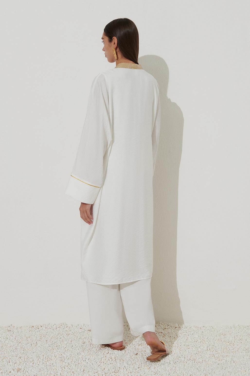 Gold Simli Ribanalı Abaya Ekru