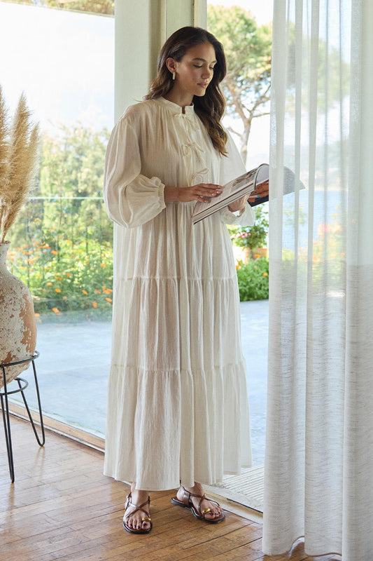 Ekru Bağlamalı Şile Bezi Uzun Elbise Tasarımı