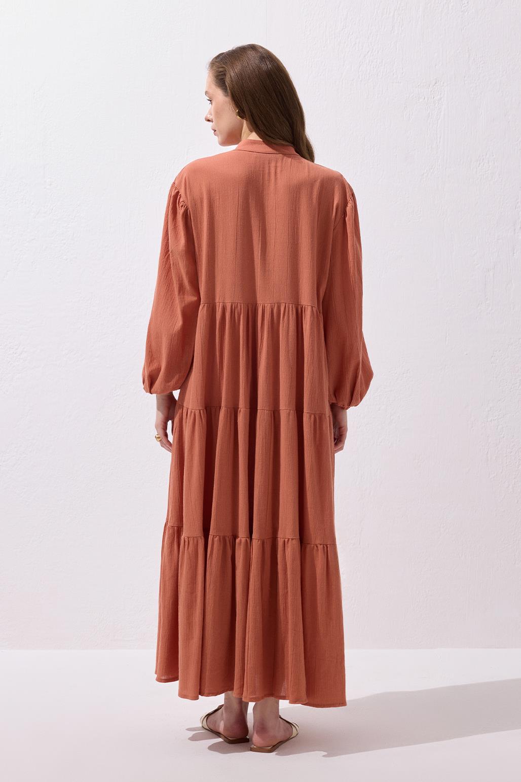 Şile Bezi Uzun Elbise Kiremit Bağlamalı %100 Pamuk