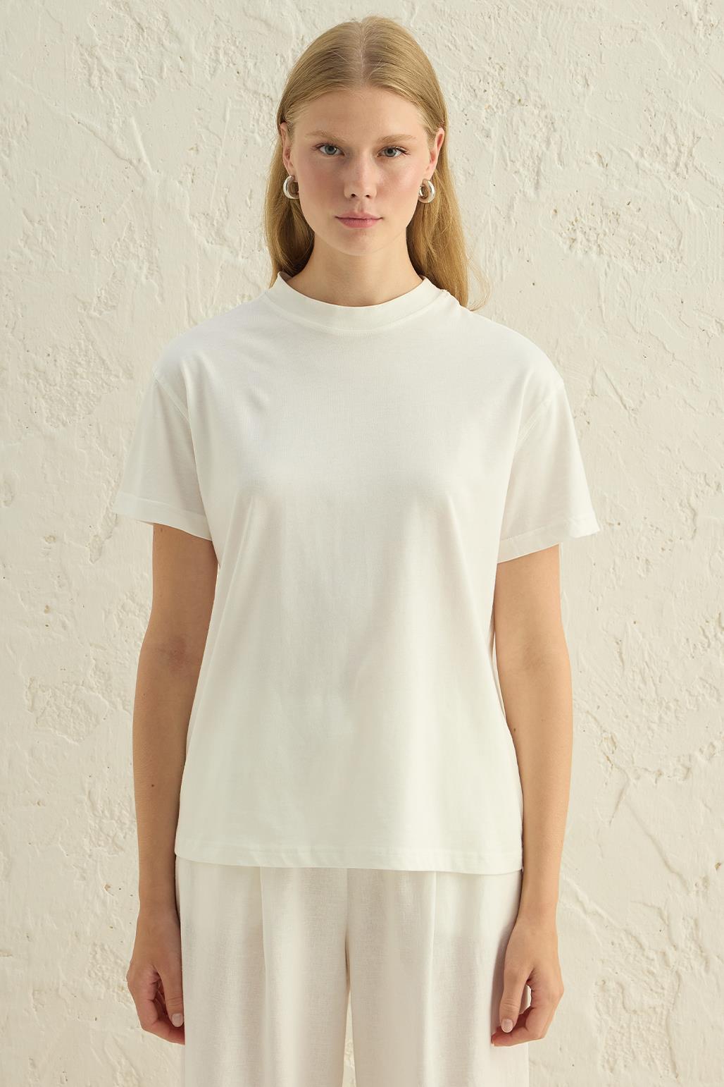 Kısa Kollu Basic T-Shirt Ekru