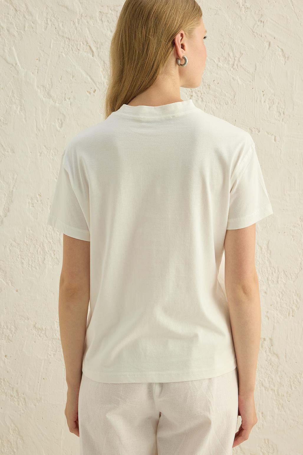 Kısa Kollu Basic T-Shirt Ekru