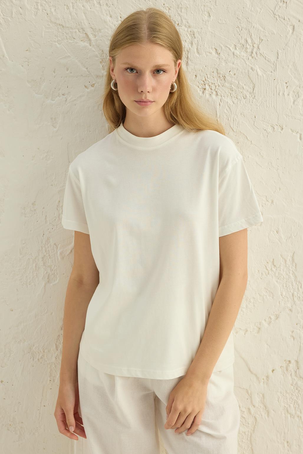 Kısa Kollu Basic T-Shirt Ekru