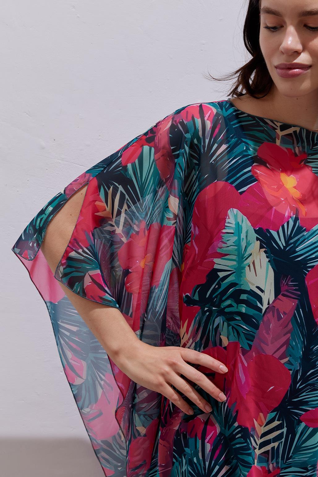 Kısa Tesettür Pareo Elbise Fuşya Tropical