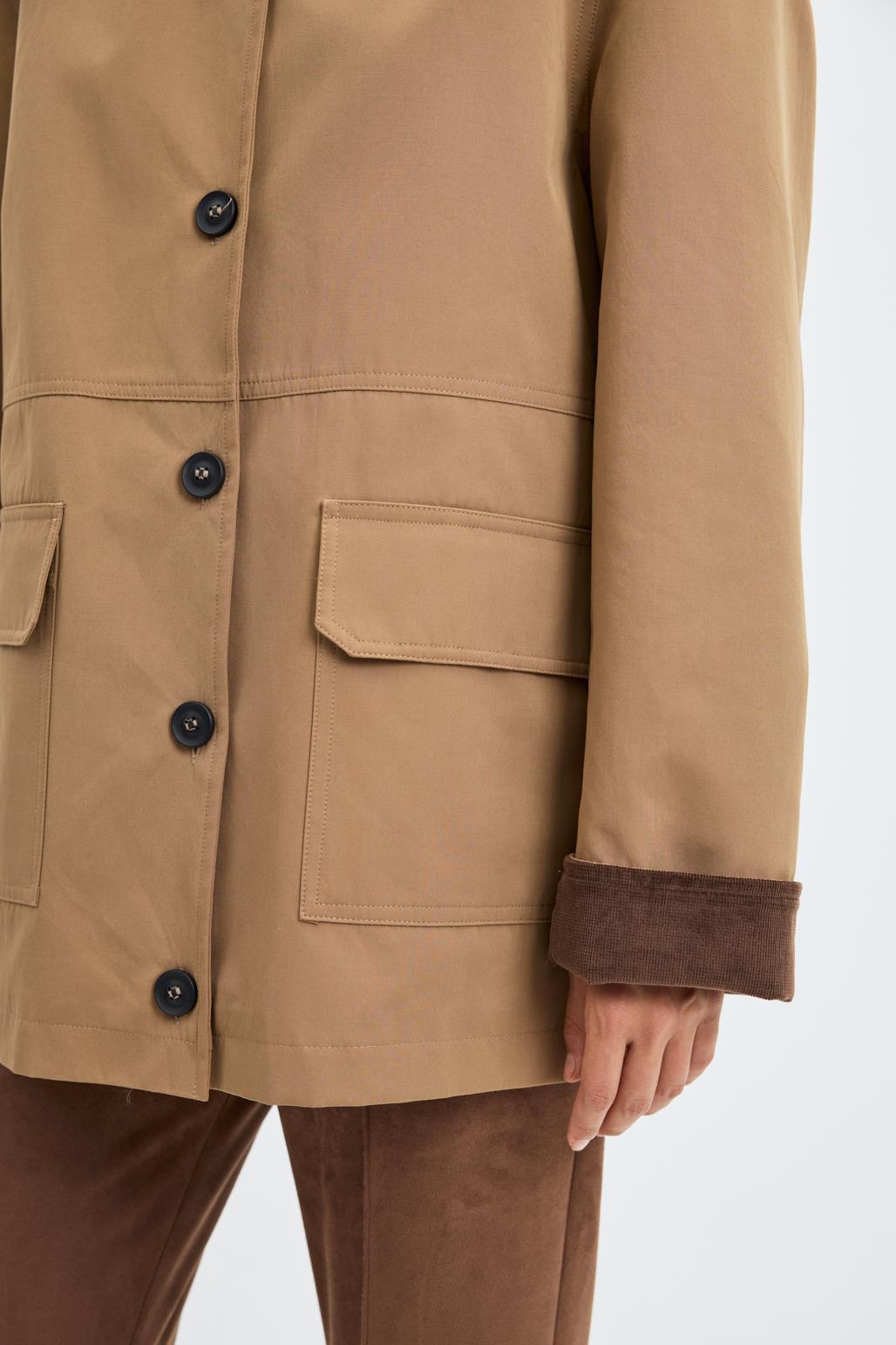 Kontrast Yakalı Cepli Gabardin Ceket Camel