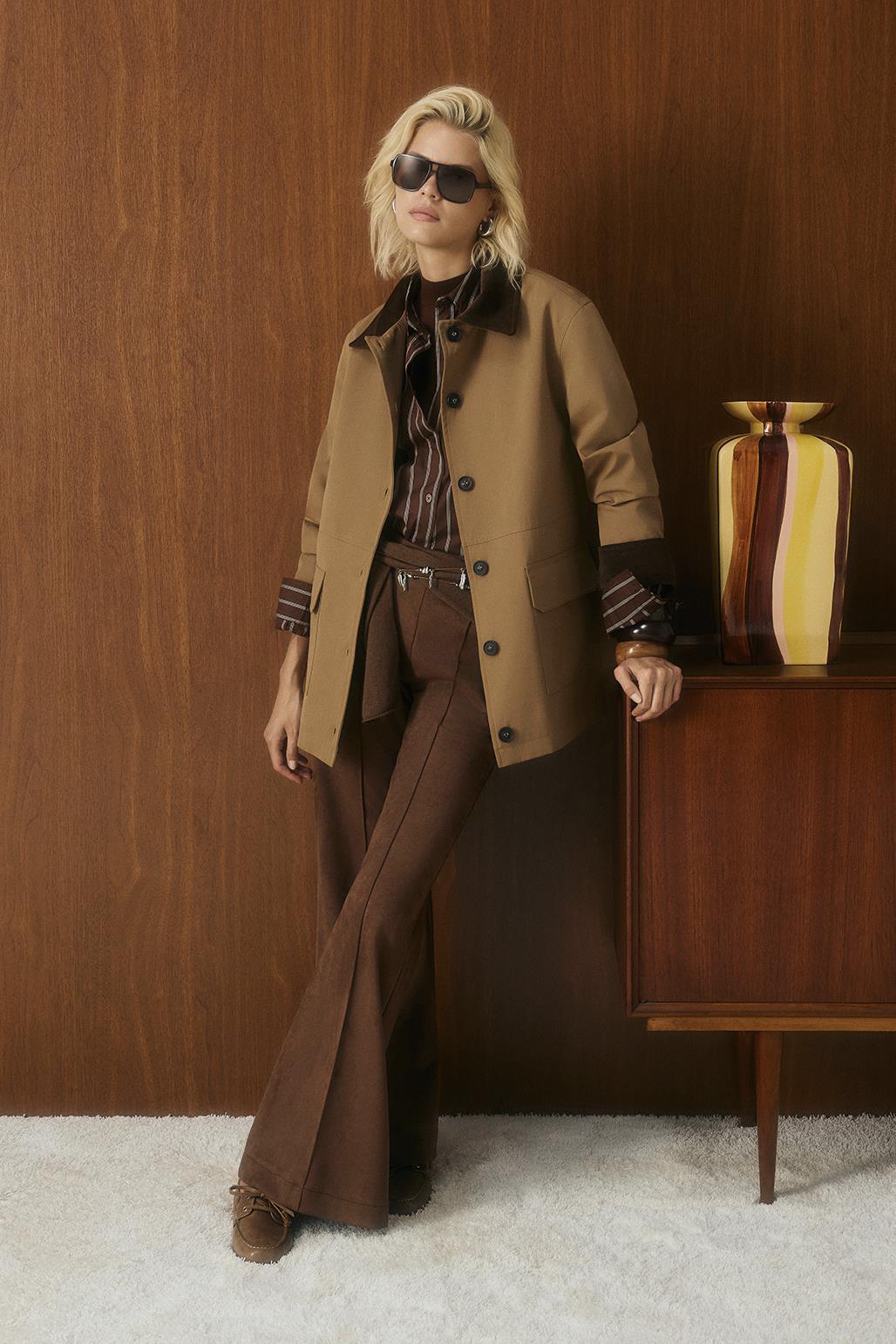 Kontrast Yakalı Cepli Gabardin Ceket Camel