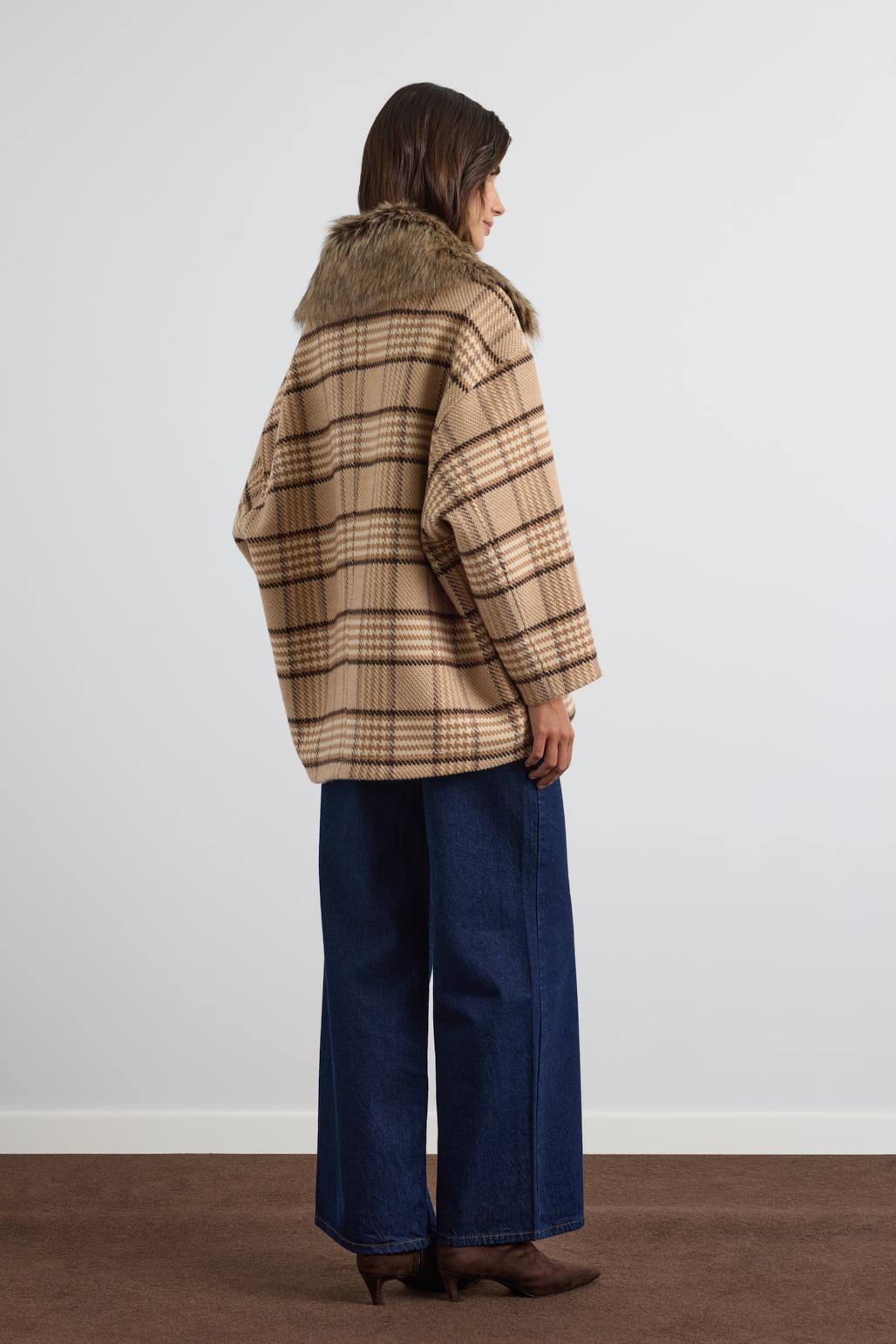 Kürk Yakalı Ekose Desen Bomber Ceket Camel
