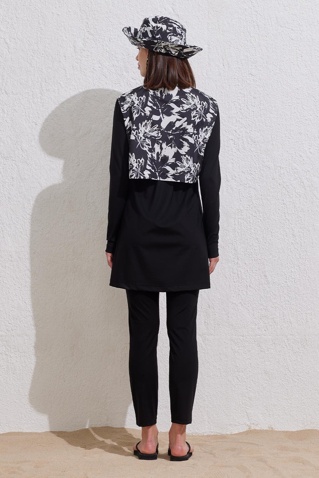 Likralı Fermuarlı Desenli 2'Li Tesettür Mayo Takım Siyah