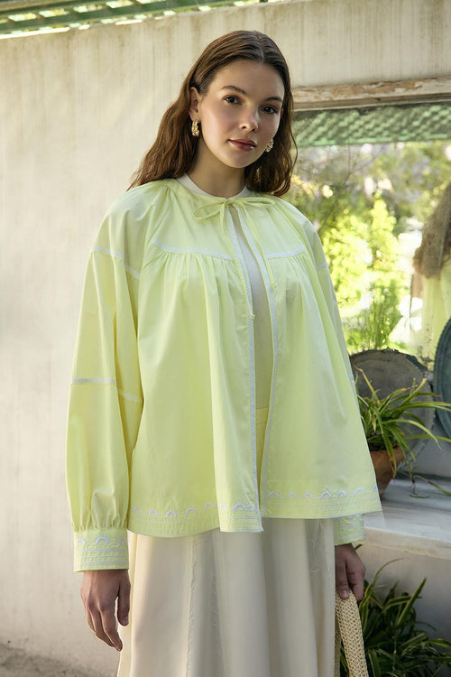 Lova Nakışlı Bağlamalı Ceket Limon Sarısı