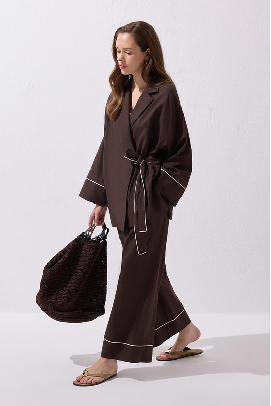 Maria Biyeli Keten Ceket Pantolon Takım Kahve