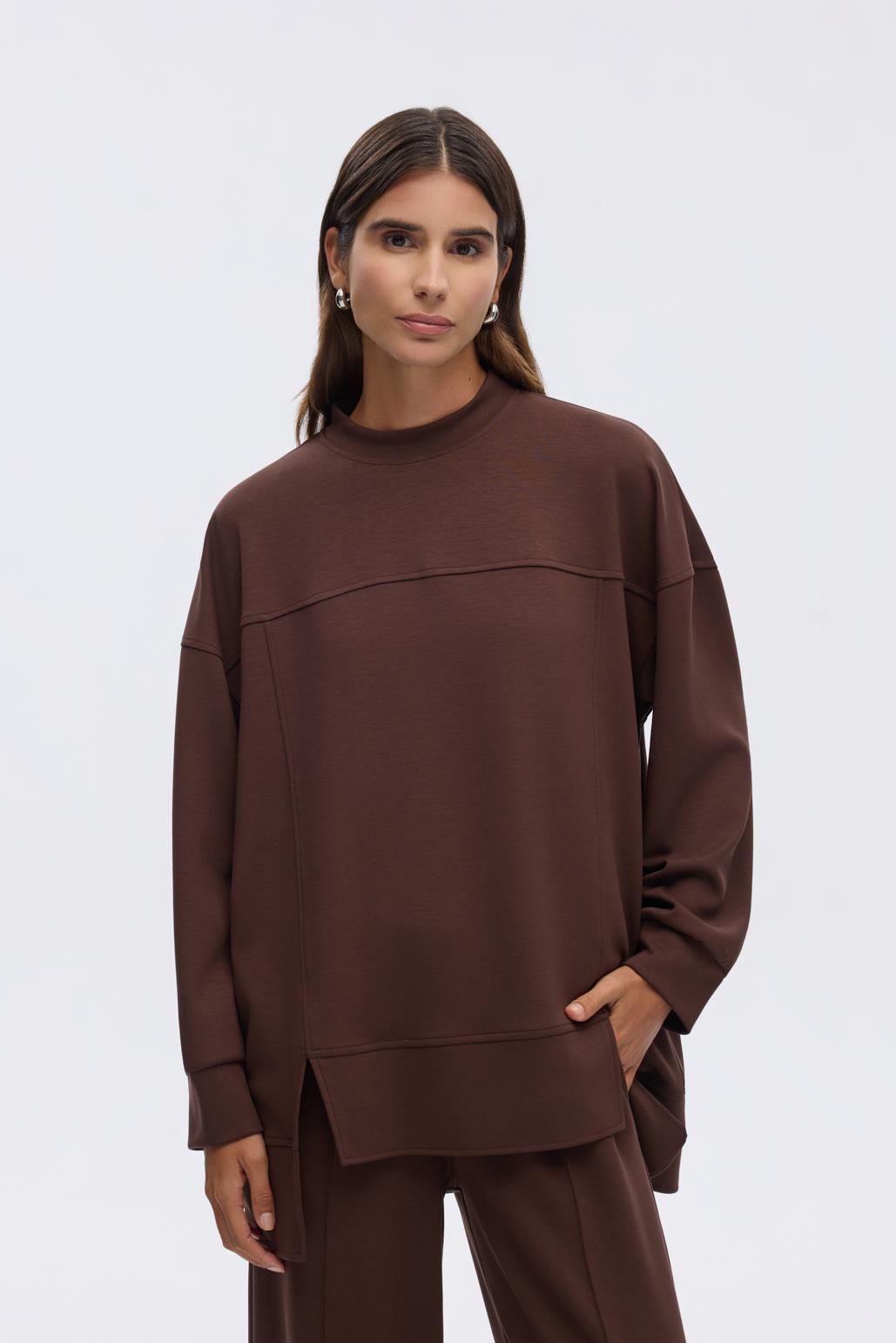 Modal Örme Asimetrik Kesim Sweatshirt Kahve