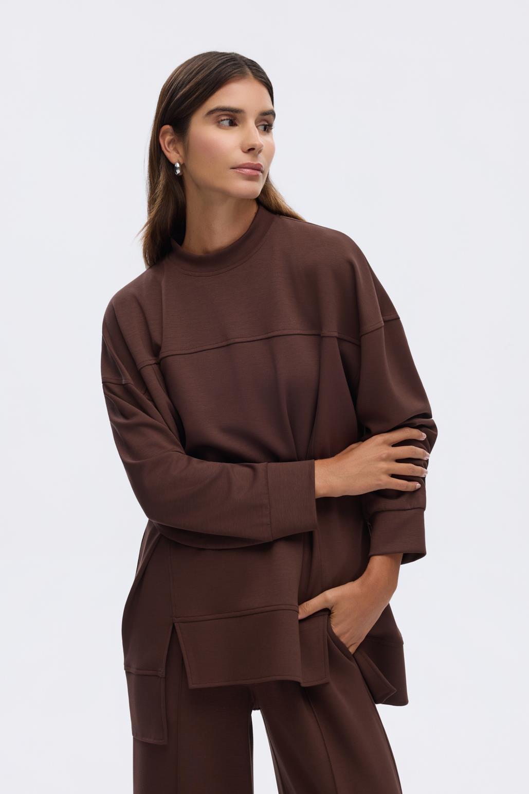 Modal Örme Asimetrik Kesim Sweatshirt Kahve