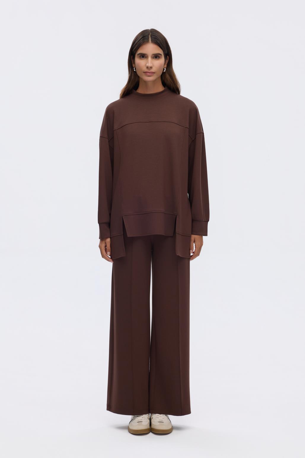 Modal Örme Asimetrik Kesim Sweatshirt Kahve