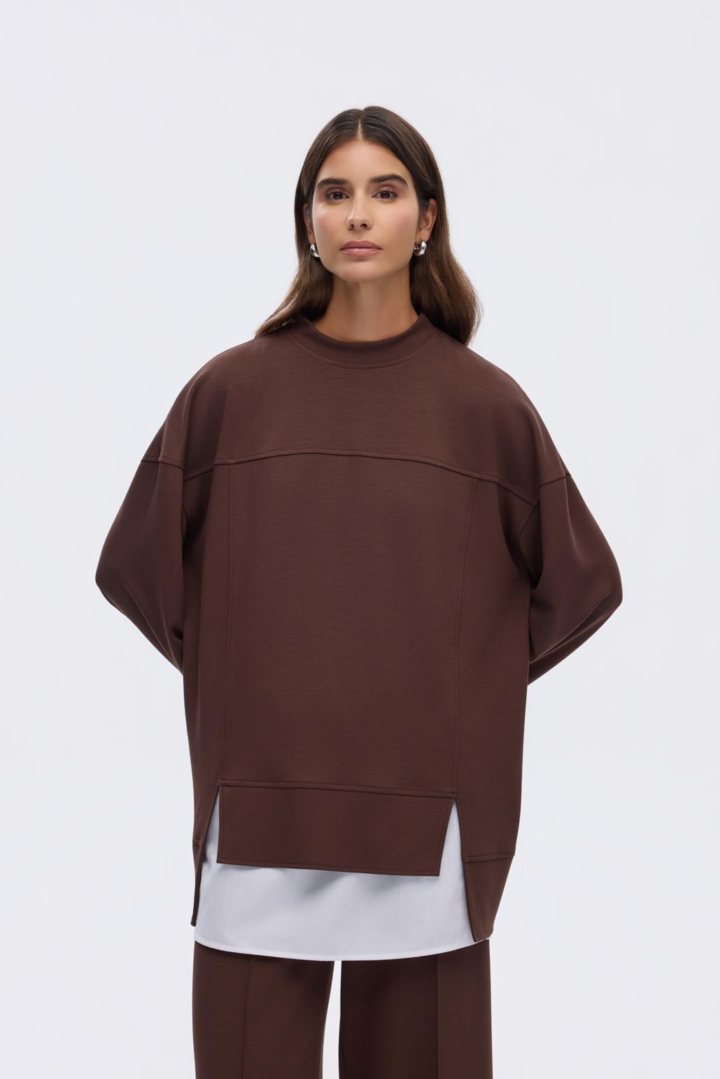 Modal Örme Asimetrik Kesim Sweatshirt Kahve