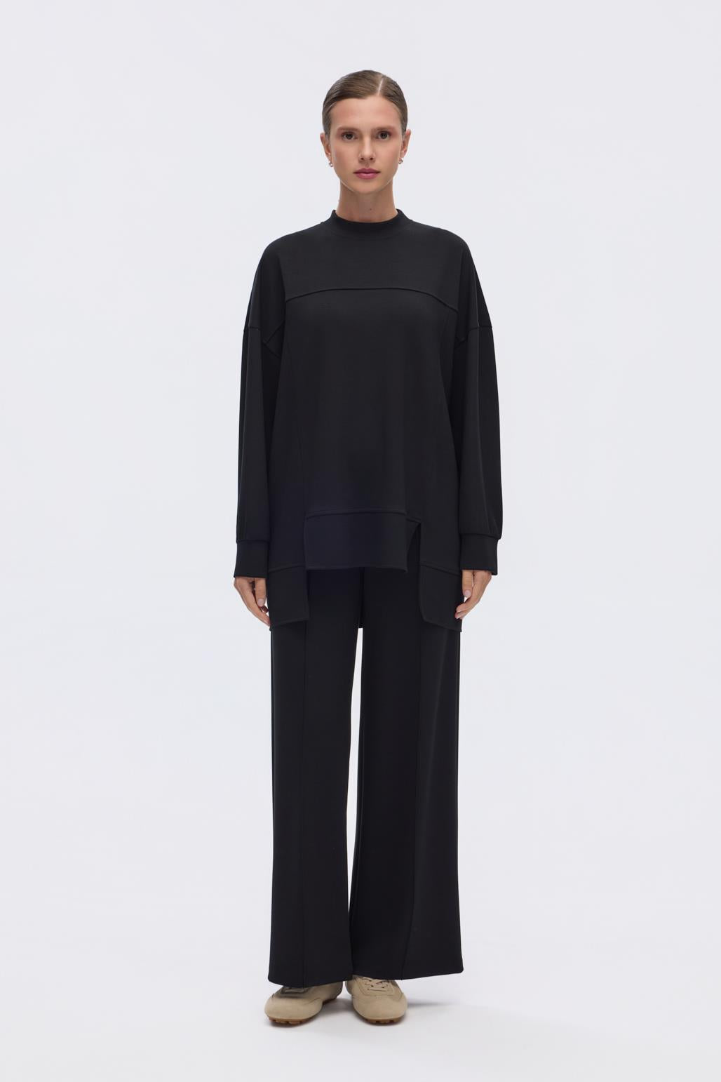 Modal Örme Asimetrik Kesim Sweatshirt Siyah