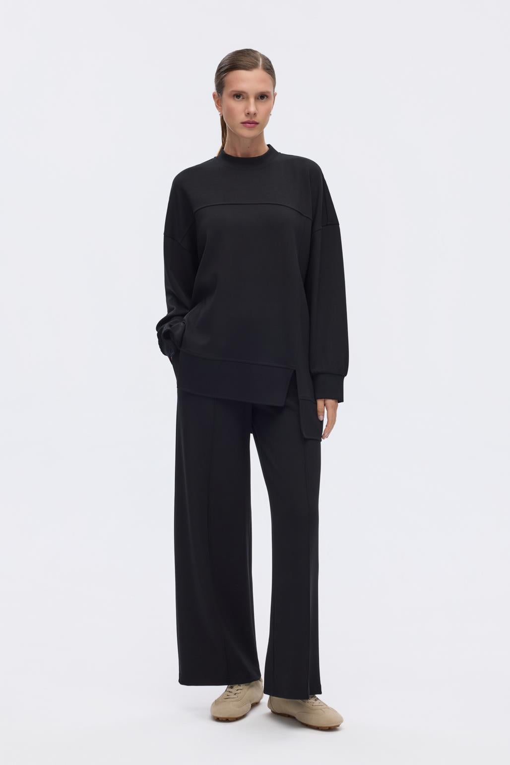 Modal Örme Asimetrik Kesim Sweatshirt Siyah