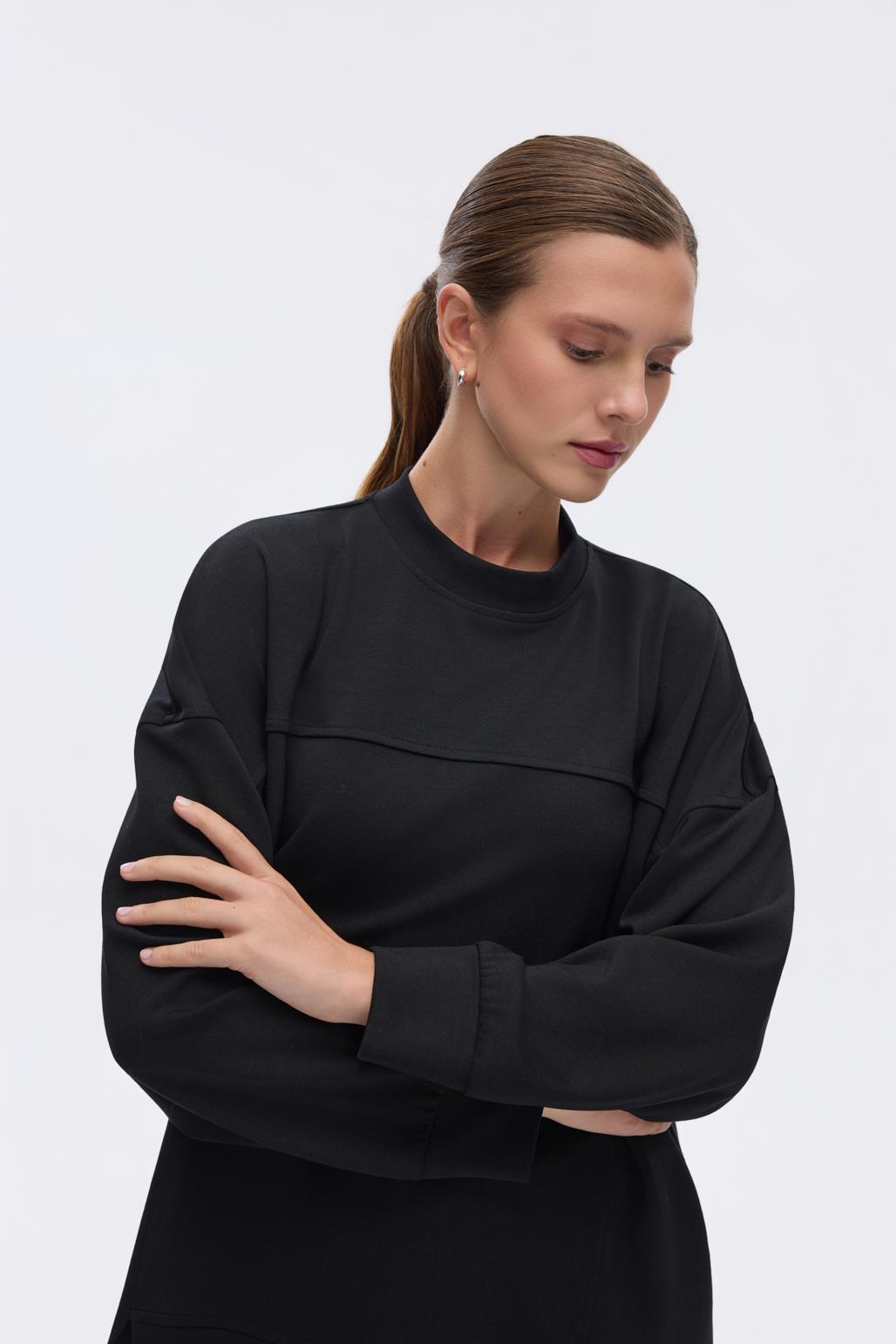 Modal Örme Asimetrik Kesim Sweatshirt Siyah