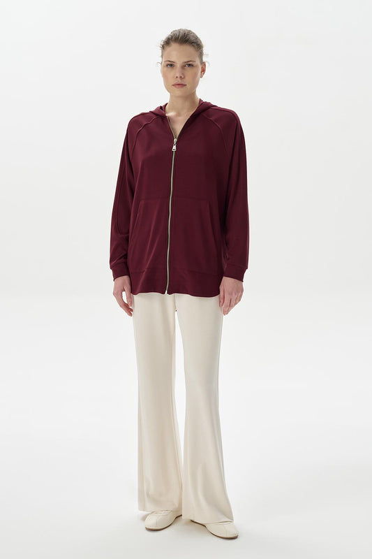 Modal Örme Kapüşonlu Oversize Hırka Bordo