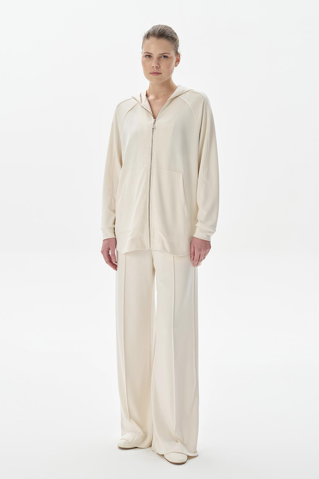 Modal Örme Kapüşonlu Oversize Hırka Ekru