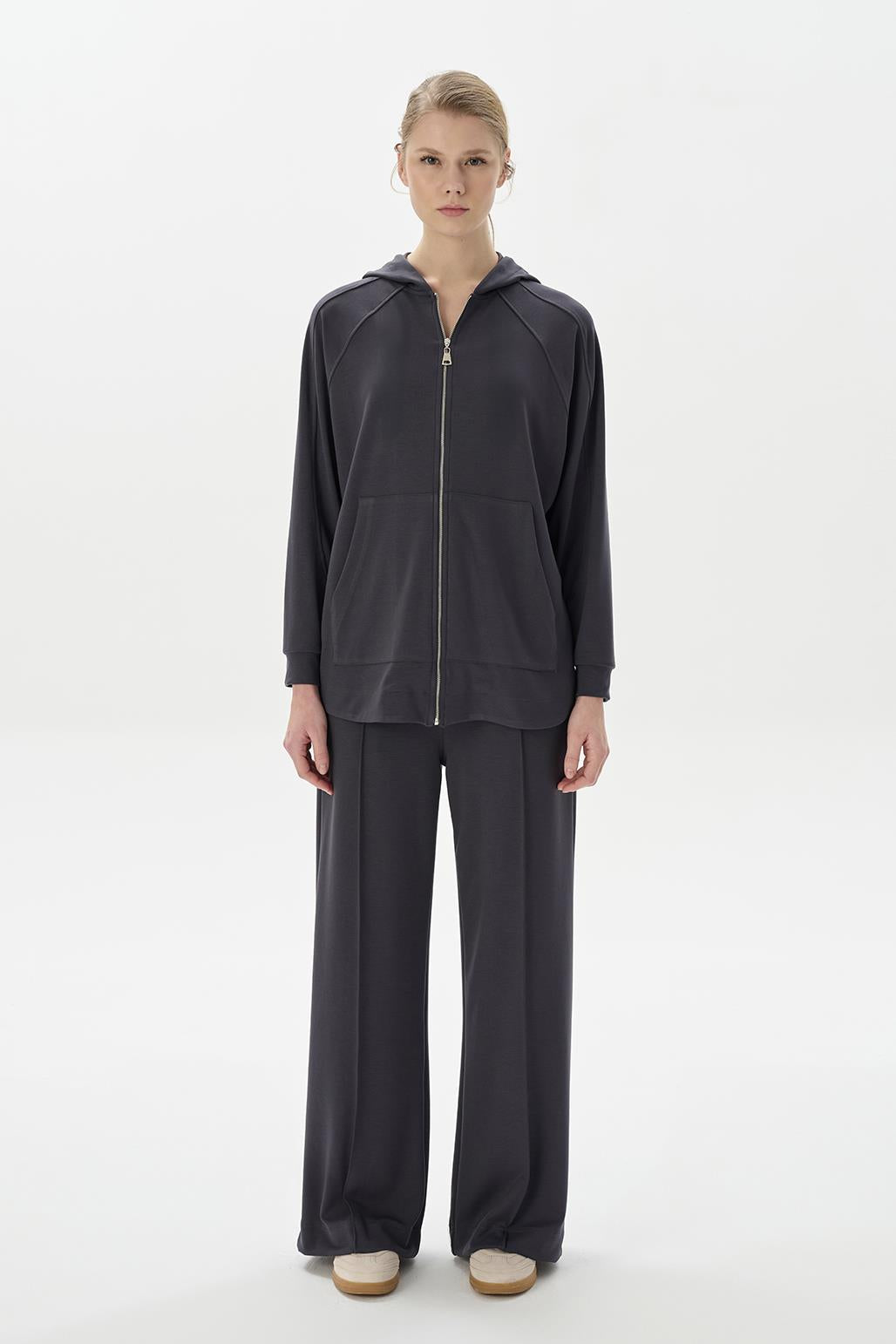 Modal Örme Kapüşonlu Oversize Hırka Füme