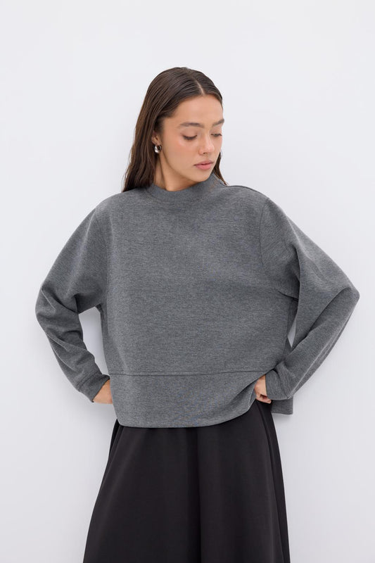 Oversize Yandan Yırtmaçlı Kısa Sweatshirt Antrasit Gri